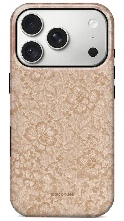 Coque Prestige Dentelle Crème vue de dos : une dentelle florale ton sur ton beige crème