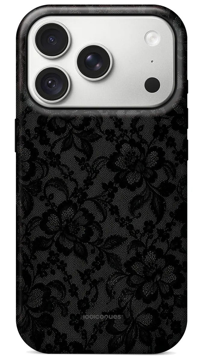 Coque Prestige Dentelle Noire vue de dos : une dentelle florale noire, sensuelle et sophistiquée