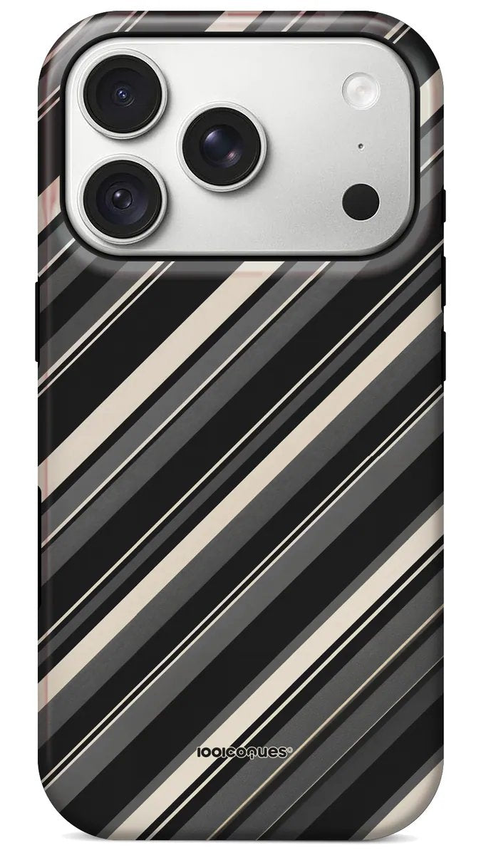 Coque Prestige Graphite vue de dos : des rayures diagonales noires, grises et crème
