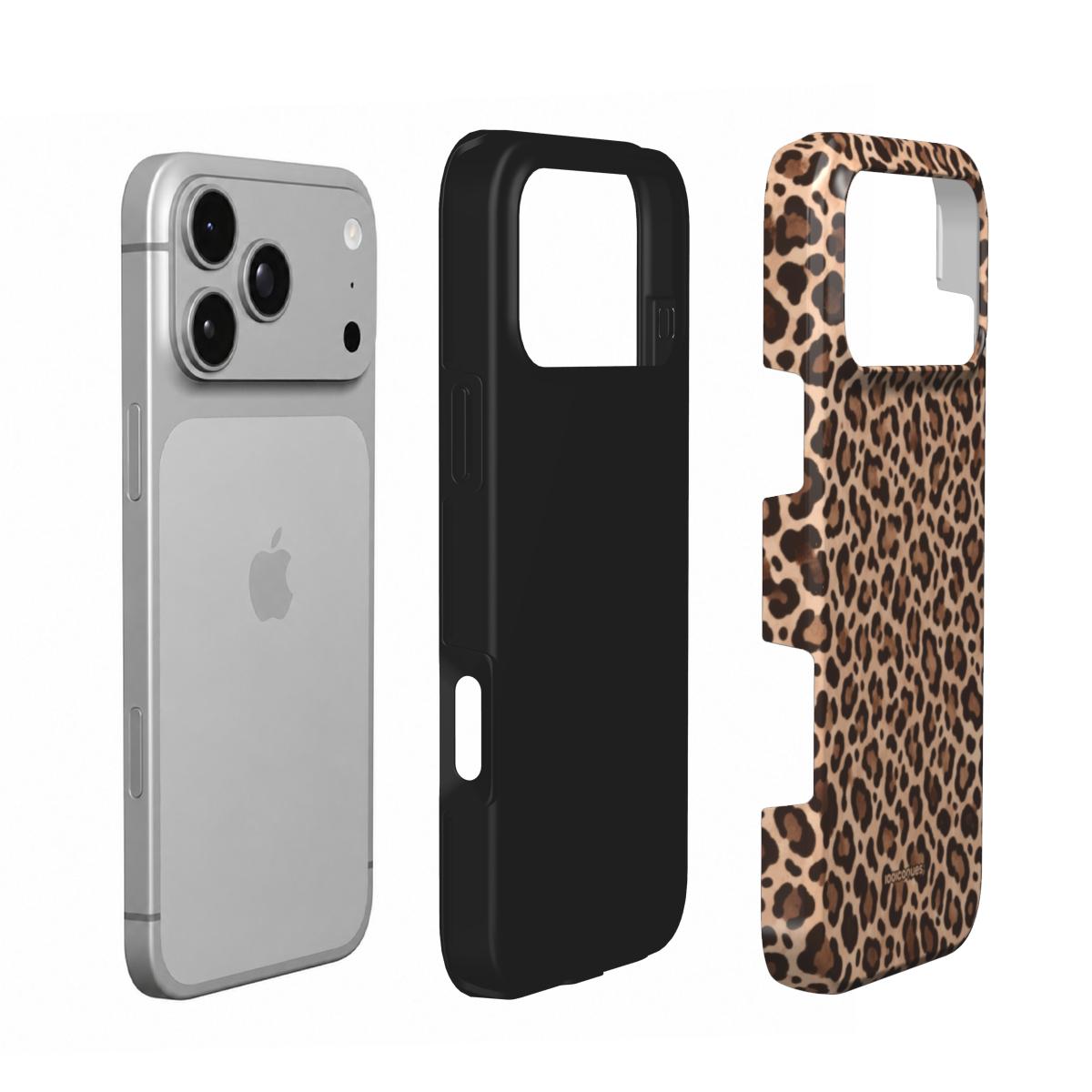 Coque Prestige Léopard en vue éclatée : téléphone, couche intérieure souple et coque extérieure imprimée
