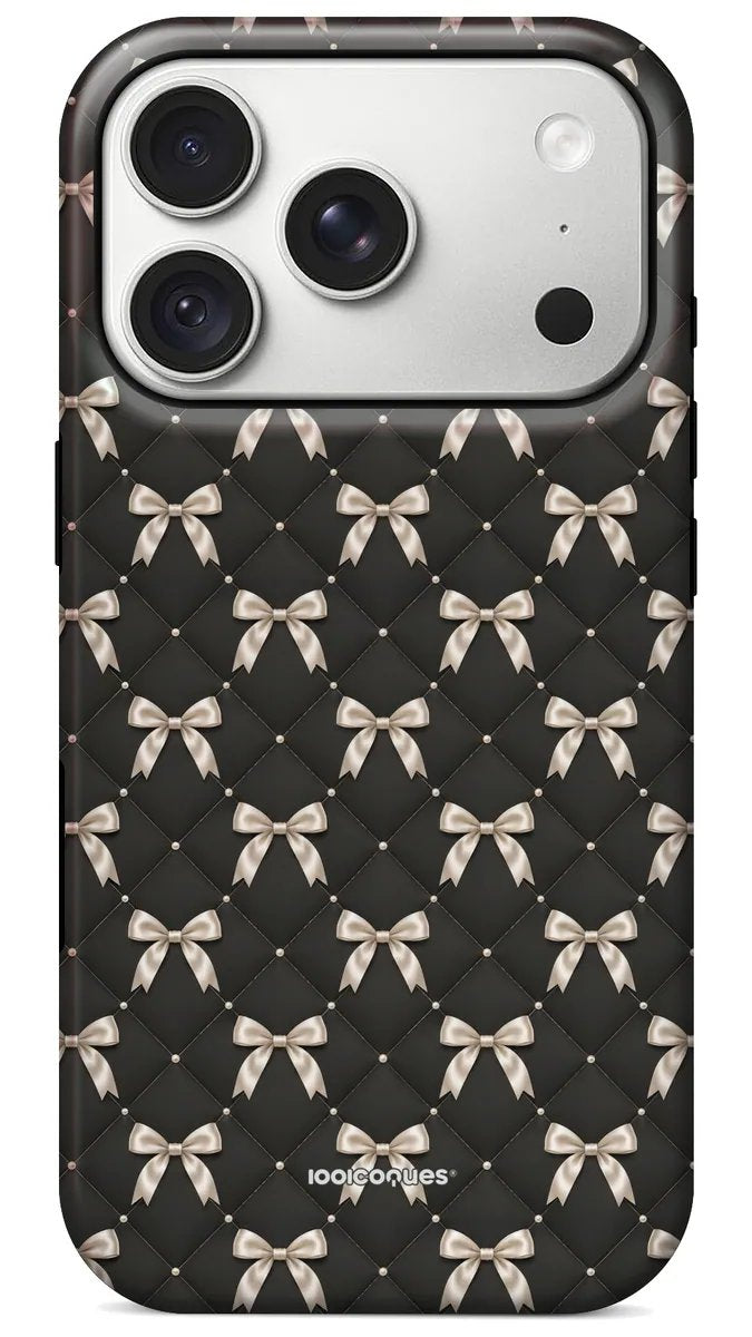 Coque Prestige Nœuds Nuit vue de dos : des nœuds crème sur un capitonnage noir