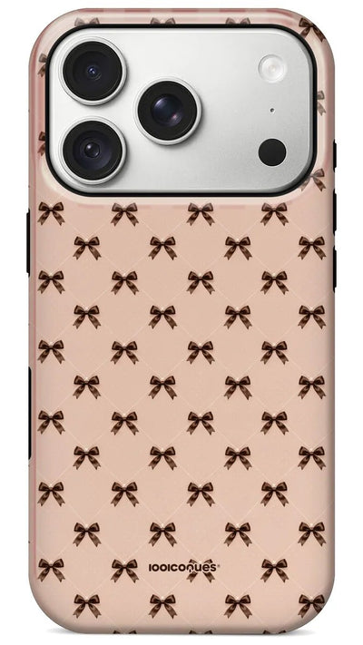 Coque Prestige Mini Nœuds vue de dos : de petits nœuds chocolat sur fond rose poudré