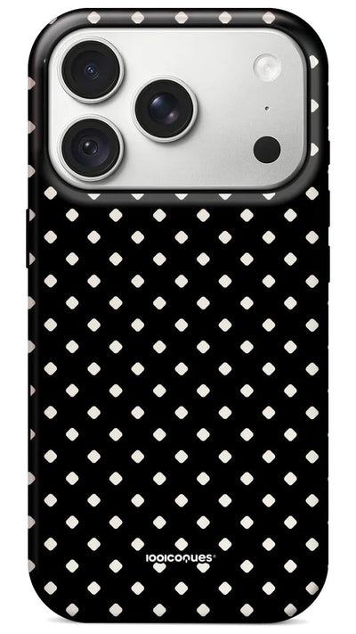 Coque Prestige Pois Noir vue de dos : des pois blancs sur fond noir, un grand classique graphique
