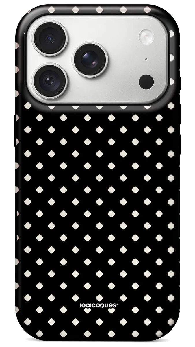 Coque Prestige Pois Noir vue de dos : des pois blancs sur fond noir, un grand classique graphique