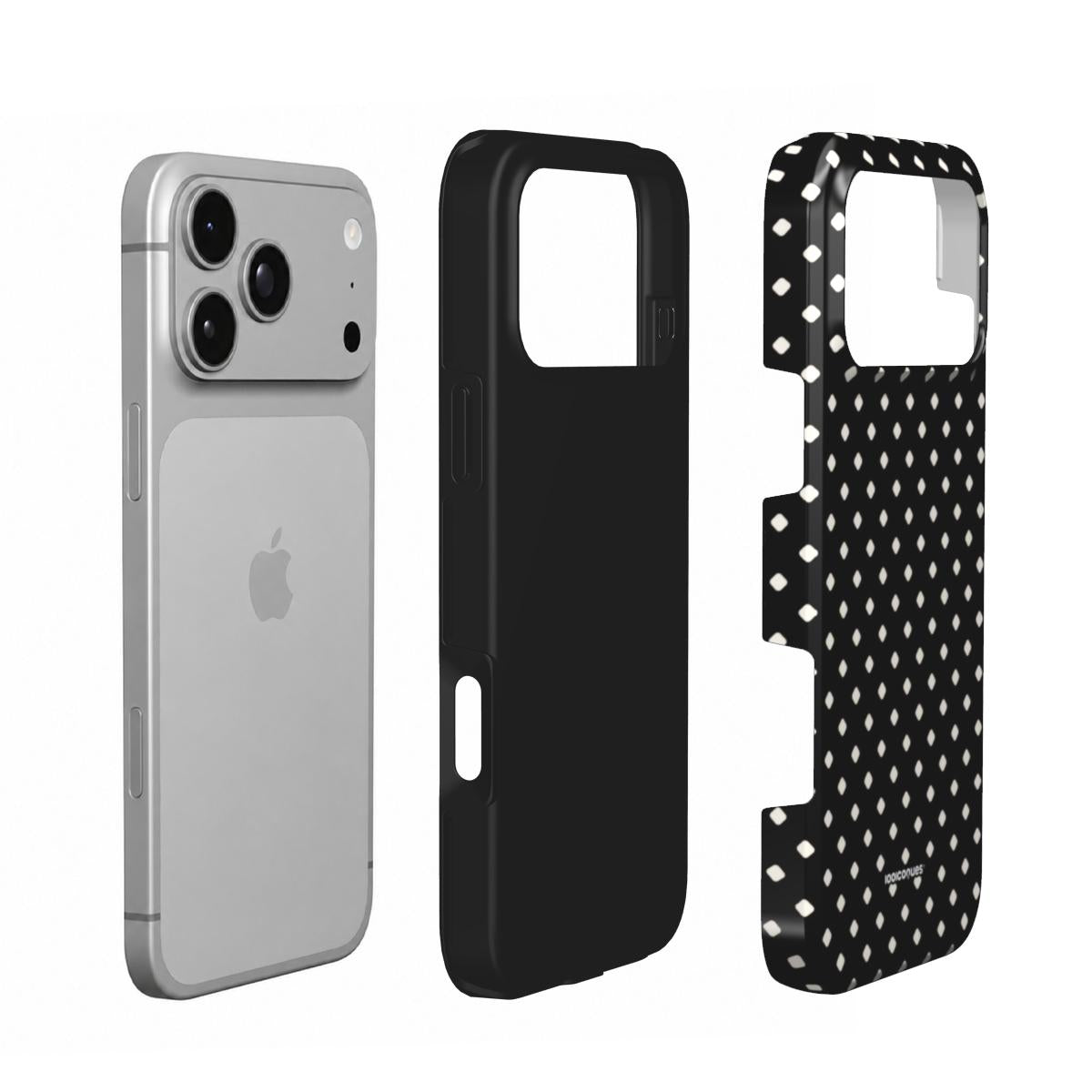 Coque Prestige Pois Noir en vue éclatée : téléphone, couche intérieure souple et coque extérieure imprimée