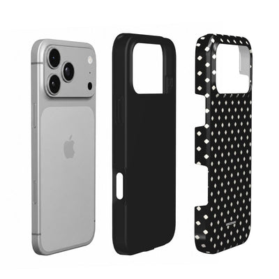 Coque Prestige Pois Noir en vue éclatée : téléphone, couche intérieure souple et coque extérieure imprimée