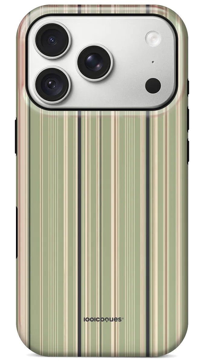 Coque Prestige Sauge Fine vue de dos : de fines rayures vert sauge et crème