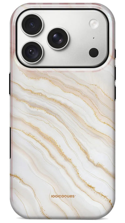 Coque Prestige Albâtre vue de dos : un marbre blanc veiné d'or, pur et lumineux