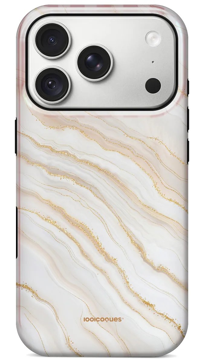 Coque Prestige Albâtre vue de dos : un marbre blanc veiné d'or, pur et lumineux