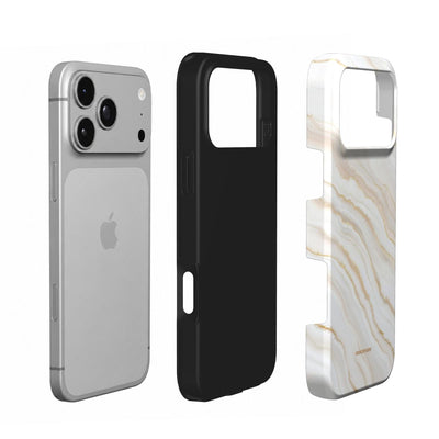 Coque Prestige Albâtre en vue éclatée : téléphone, couche intérieure souple et coque extérieure imprimée