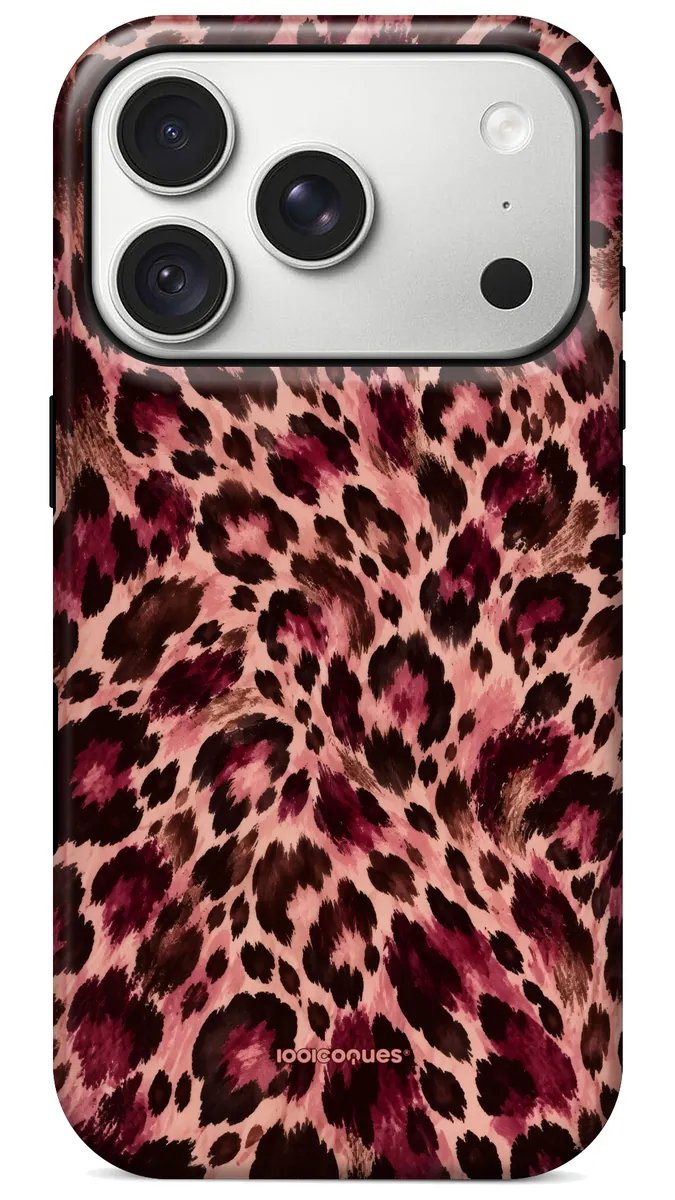 Coque Prestige Rosafauve vue de dos : un léopard revisité en rose et framboise