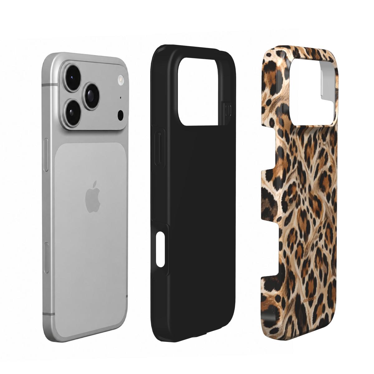Coque Prestige Savane en vue éclatée : téléphone, couche intérieure souple et coque extérieure imprimée