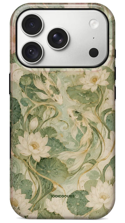 Coque Prestige Jade vue de dos : des nénuphars sur un fond vert jade marbré