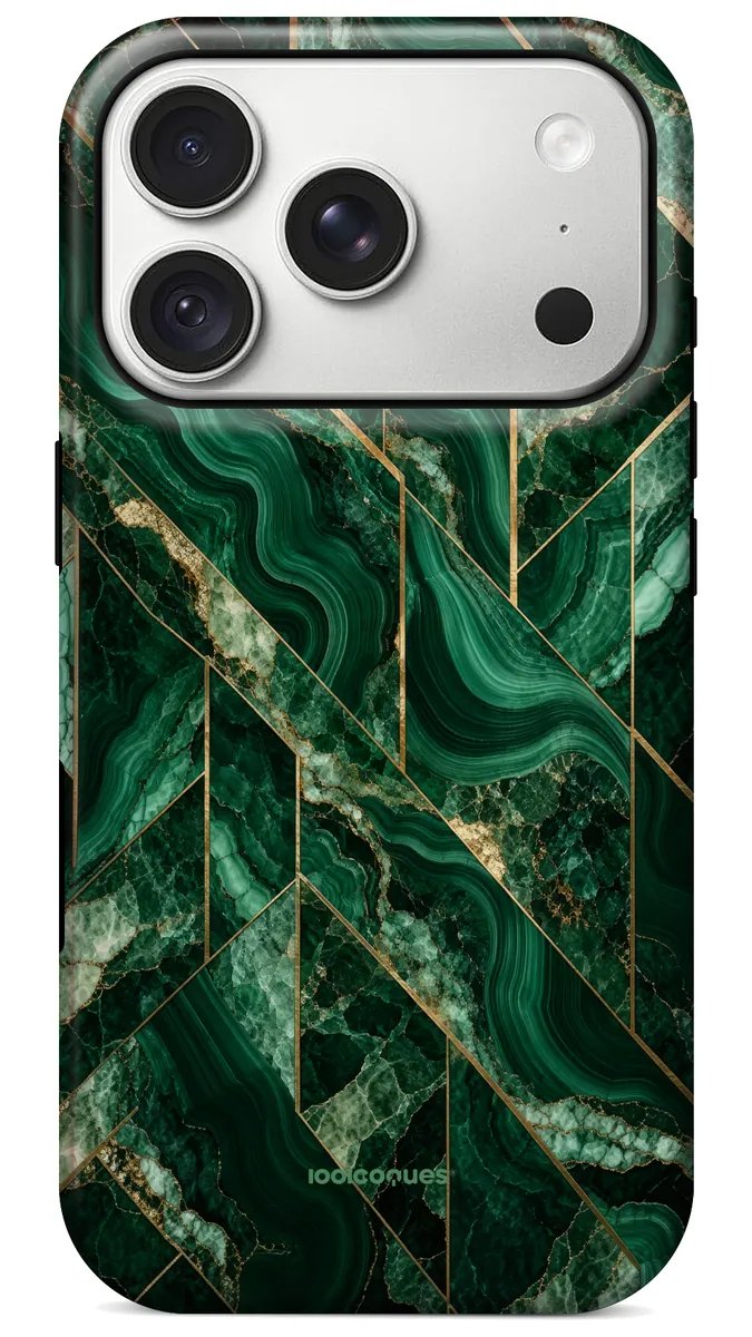 Coque Prestige Malachite vue de dos : la malachite vert profond traversée de lignes dorées