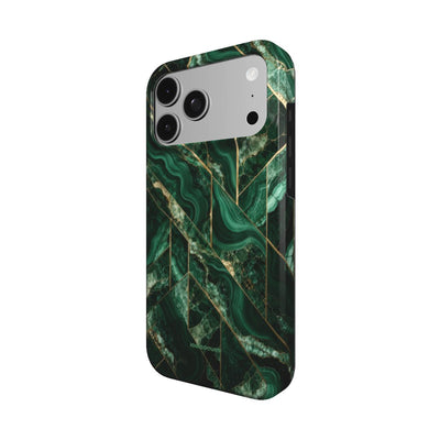 Coque Prestige Malachite vue de trois quarts, avec le rebord de la coque