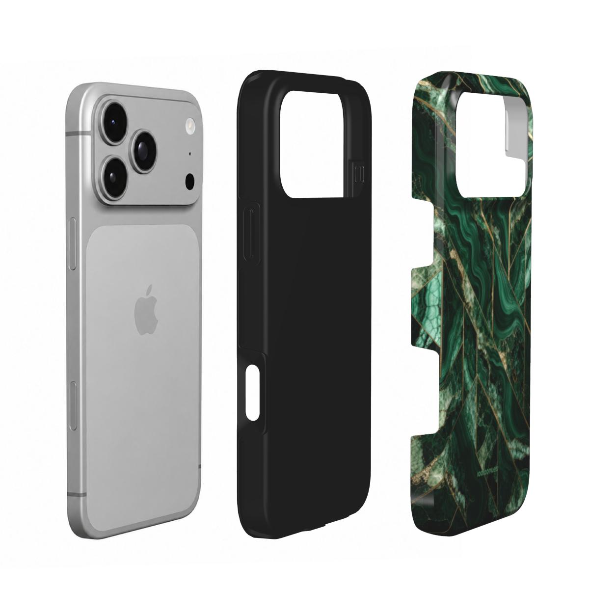 Coque Prestige Malachite en vue éclatée : téléphone, couche intérieure souple et coque extérieure imprimée