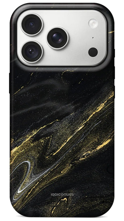 Coque Prestige Onyx Or vue de dos : un onyx noir traversé de veines et de paillettes dorées