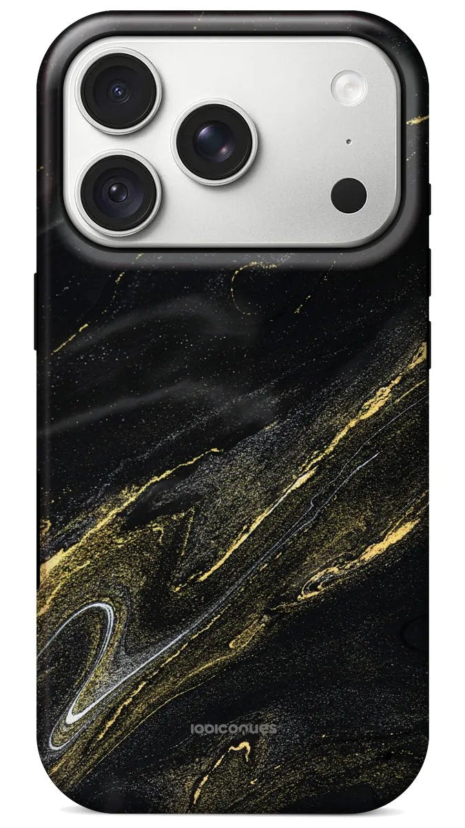 Coque Prestige Onyx Or vue de dos : un onyx noir traversé de veines et de paillettes dorées