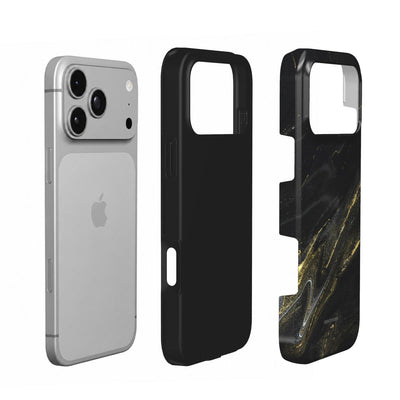 Coque Prestige Onyx Or en vue éclatée : téléphone, couche intérieure souple et coque extérieure imprimée