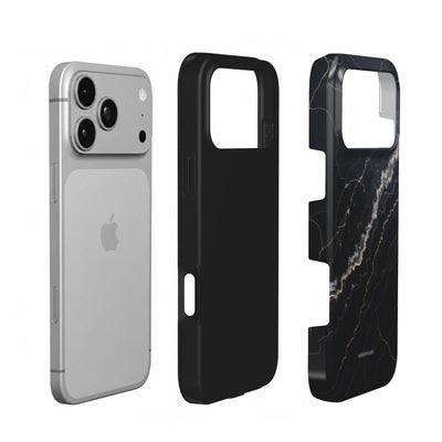 Coque Prestige Orage en vue éclatée : téléphone, couche intérieure souple et coque extérieure imprimée