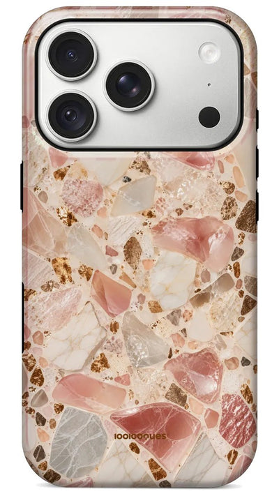 Coque Prestige Quartz vue de dos : un terrazzo de quartz rose et de pierres crème