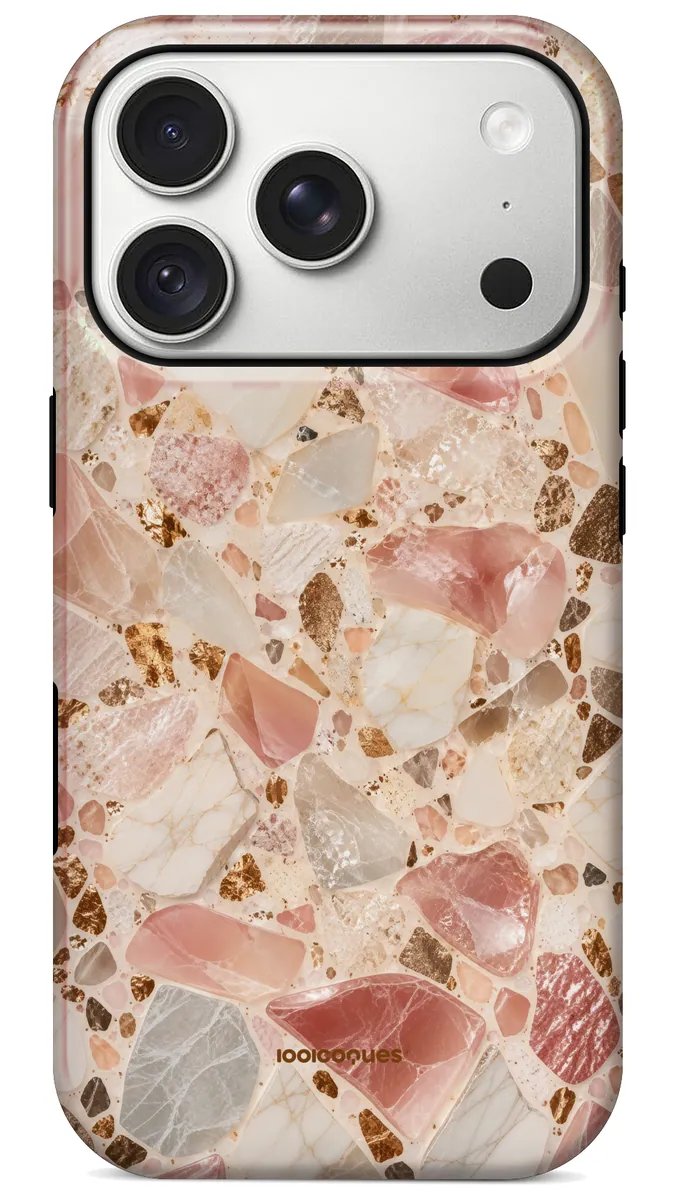 Coque Prestige Quartz vue de dos : un terrazzo de quartz rose et de pierres crème