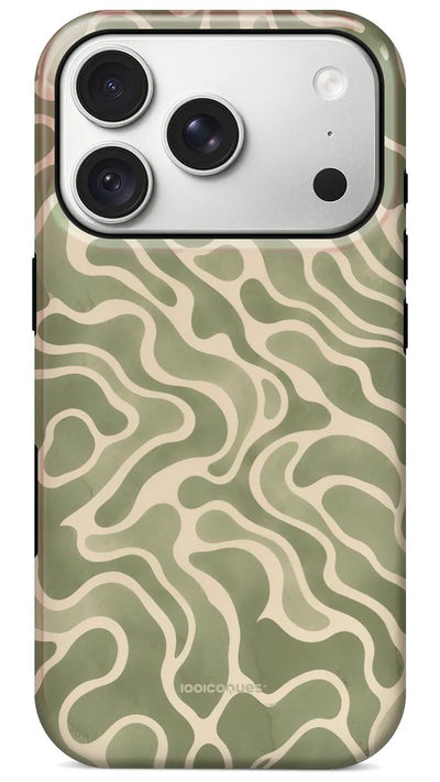 Coque Prestige Topo Sauge vue de dos : des courbes organiques crème sur fond vert sauge
