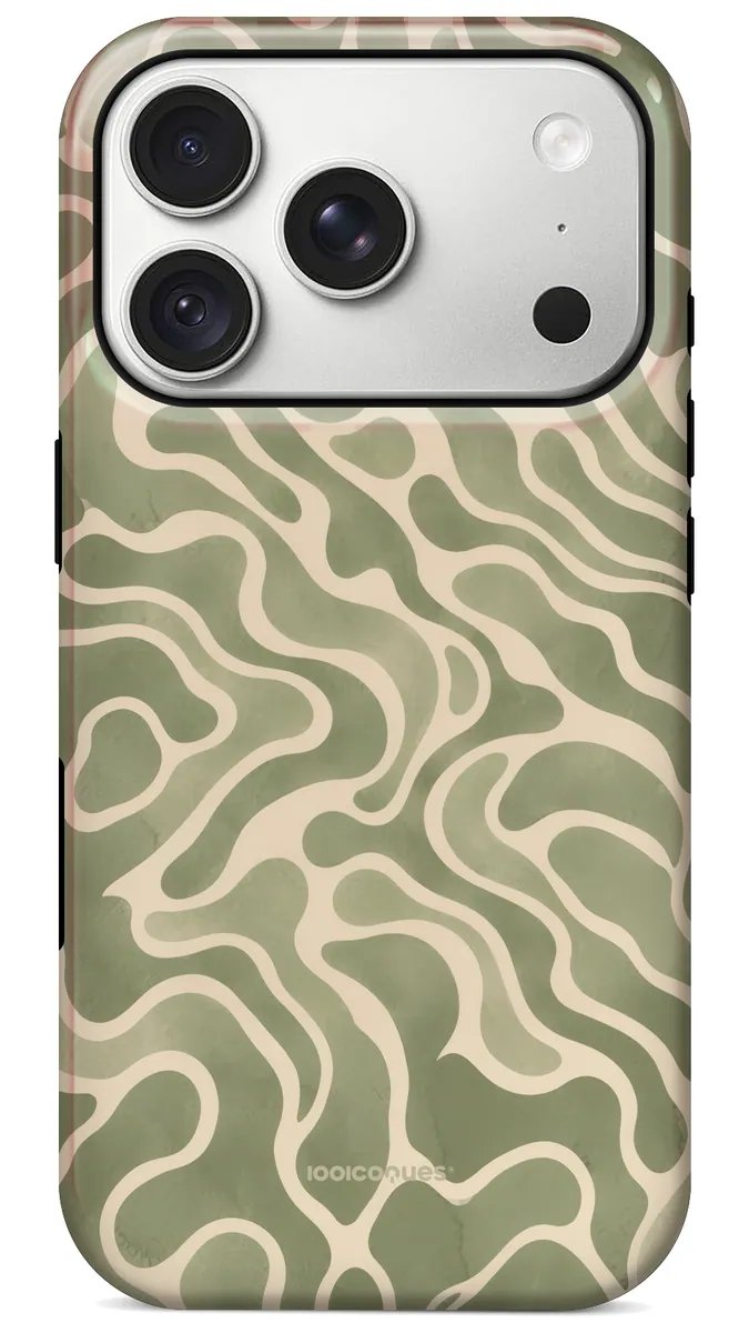 Coque Prestige Topo Sauge vue de dos : des courbes organiques crème sur fond vert sauge