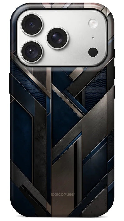Coque Prestige Acier vue de dos : des plaques géométriques acier et bleu nuit