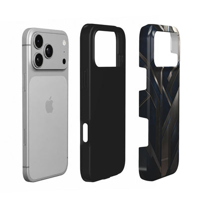 Coque Prestige Acier en vue éclatée : téléphone, couche intérieure souple et coque extérieure imprimée