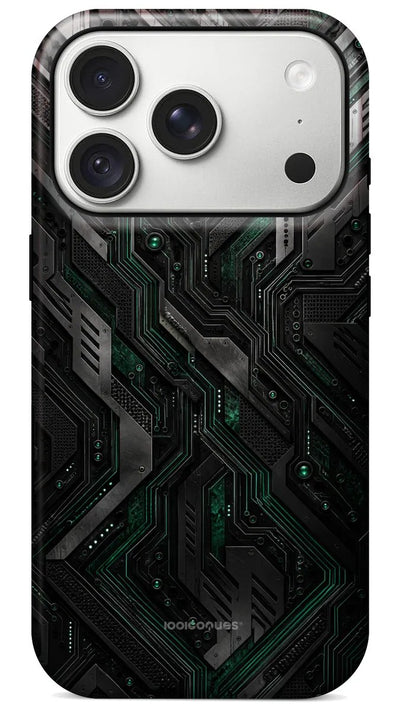 Coque Prestige Circuit vue de dos : un circuit électronique noir et vert
