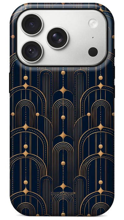 Coque Prestige Deco Nuit vue de dos : des arches Art déco dorées sur fond bleu nuit