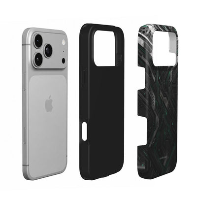 Coque Prestige Circuit en vue éclatée : téléphone, couche intérieure souple et coque extérieure imprimée