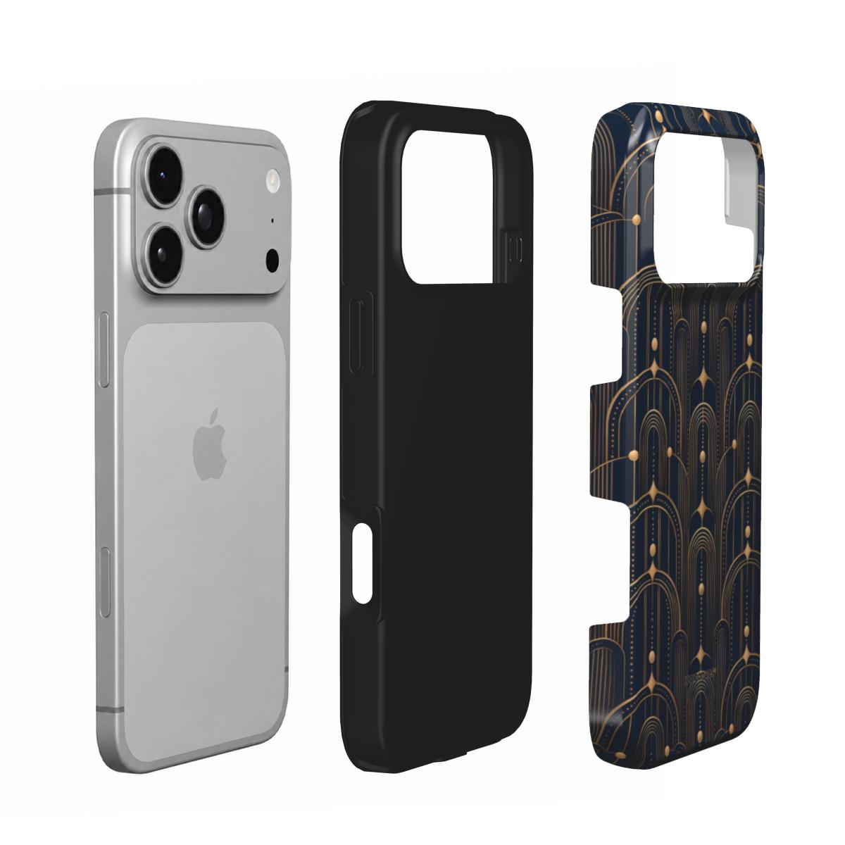 Coque Prestige Deco Nuit en vue éclatée : téléphone, couche intérieure souple et coque extérieure imprimée