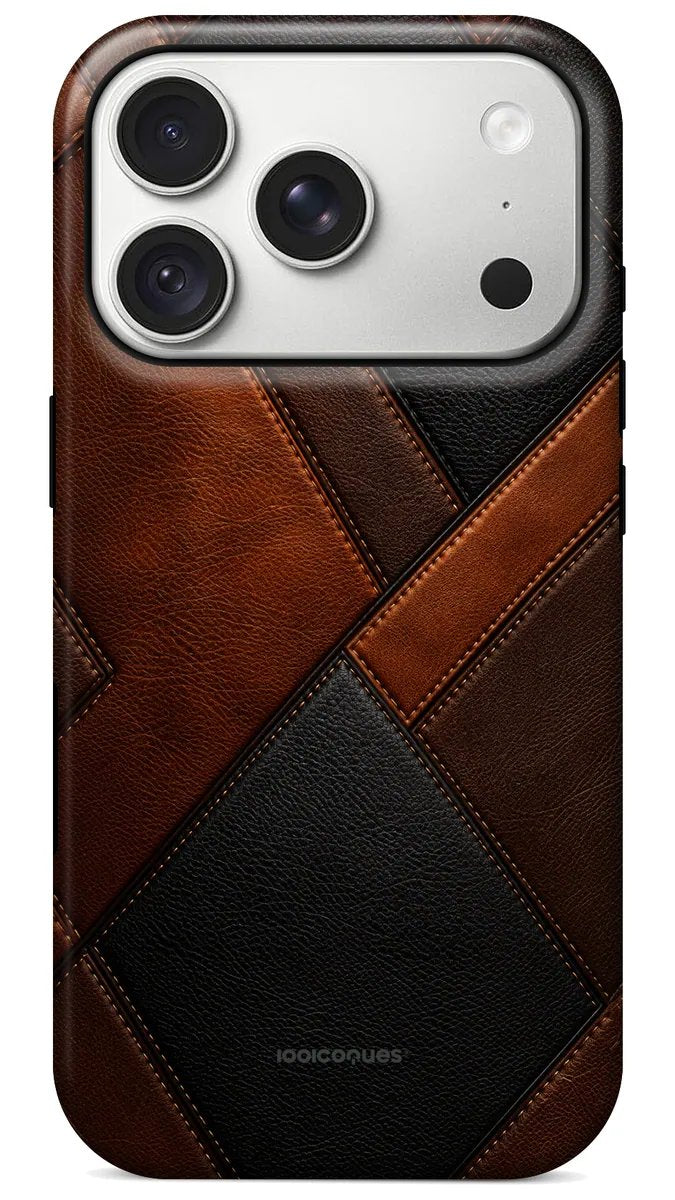 Coque Prestige Cuir vue de dos : un patchwork effet cuir noir et cognac surpiqué