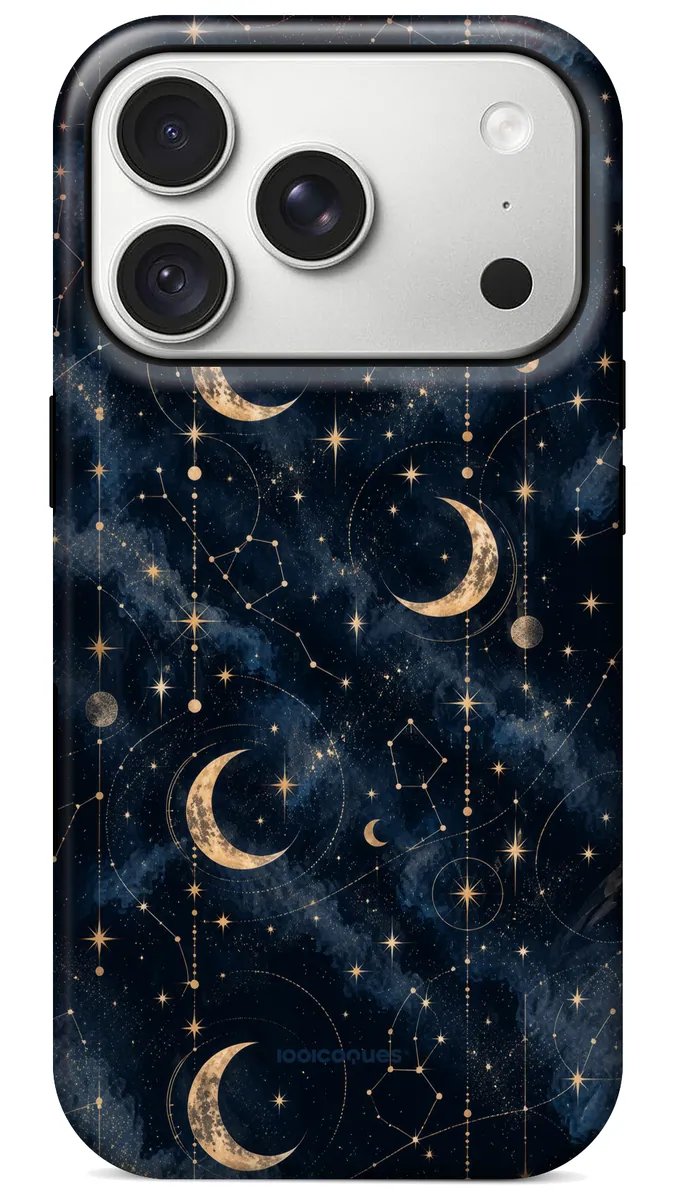 Coque Prestige Luna vue de dos : des croissants de lune et des constellations dorées sur un ciel bleu nuit