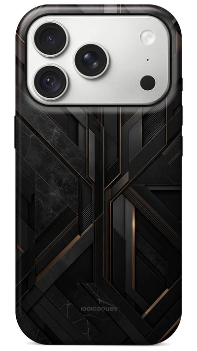 Coque Prestige Obsidienne vue de dos : des facettes noires soulignées de lignes dorées