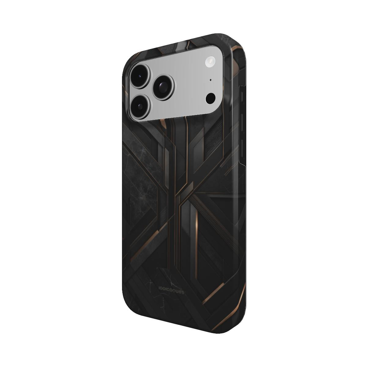 Coque Prestige Obsidienne vue de trois quarts, avec le rebord de la coque