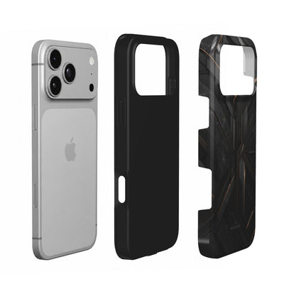 Coque Prestige Obsidienne en vue éclatée : téléphone, couche intérieure souple et coque extérieure imprimée