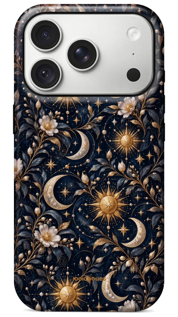 Coque Prestige Solstice vue de dos : des soleils, des lunes et des fleurs dorés sur fond bleu nuit