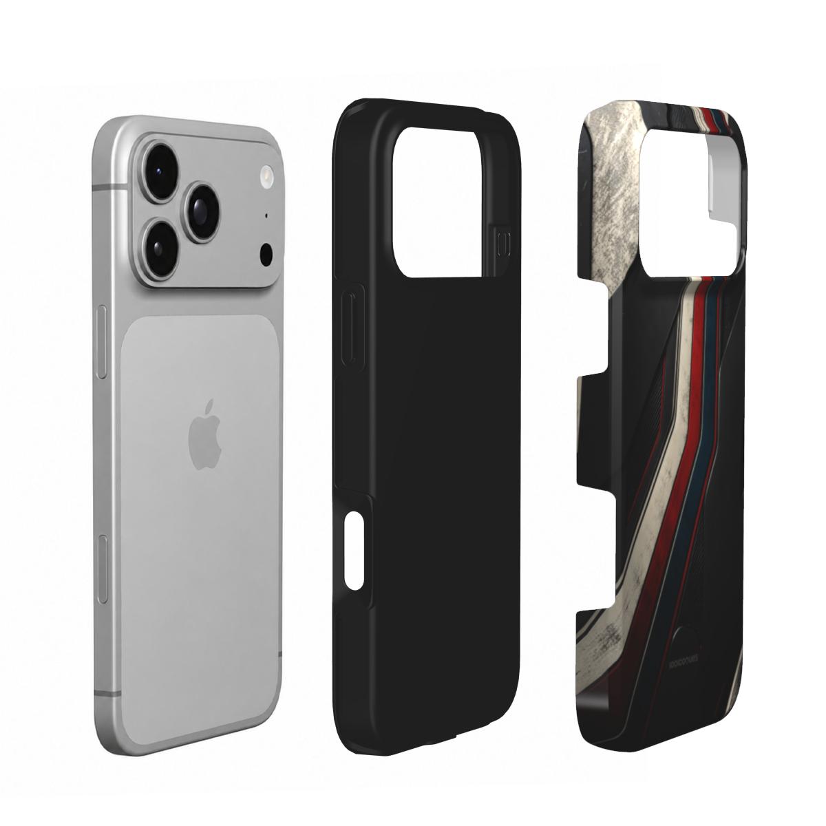 Coque Prestige Racing en vue éclatée : téléphone, couche intérieure souple et coque extérieure imprimée