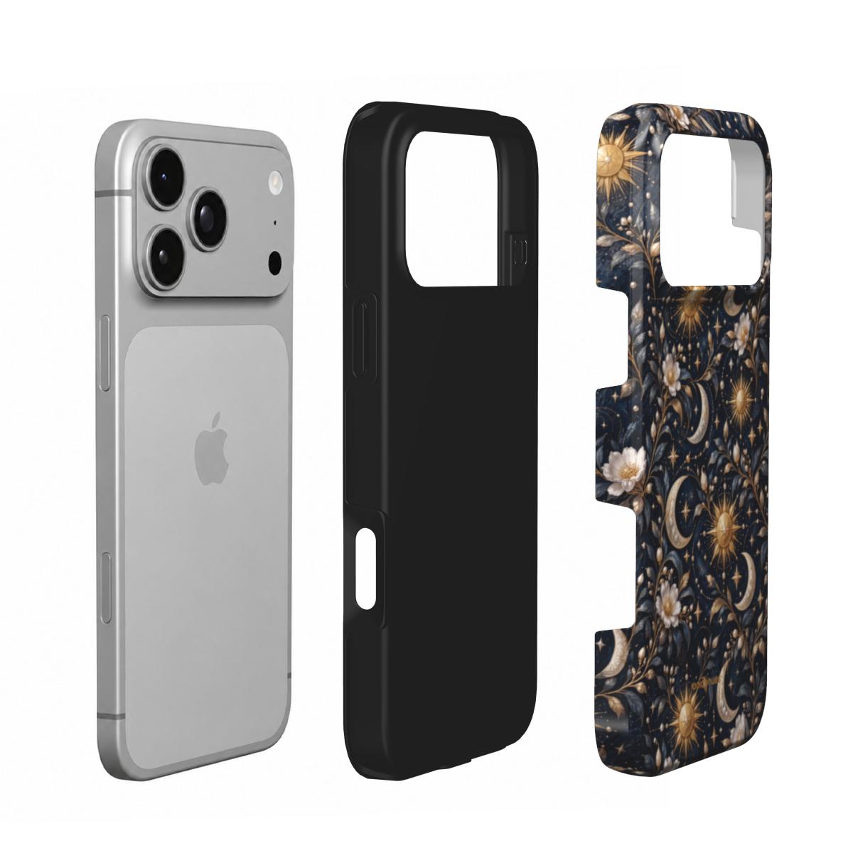 Coque Prestige Solstice en vue éclatée : téléphone, couche intérieure souple et coque extérieure imprimée