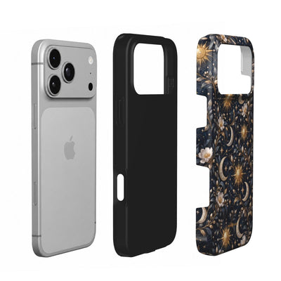 Coque Prestige Solstice en vue éclatée : téléphone, couche intérieure souple et coque extérieure imprimée