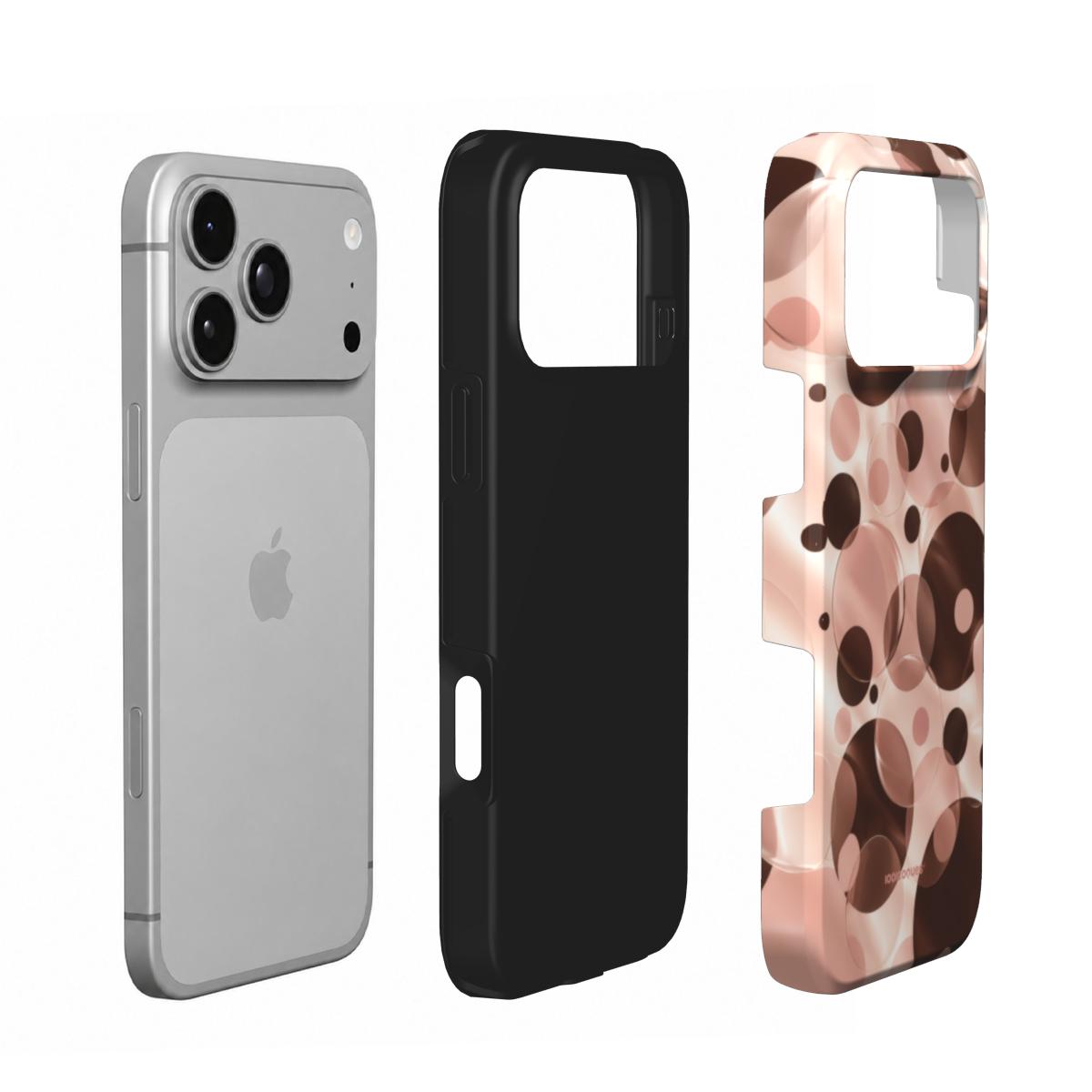 Coque Prestige Bubbles en vue éclatée : téléphone, couche intérieure souple et coque extérieure imprimée