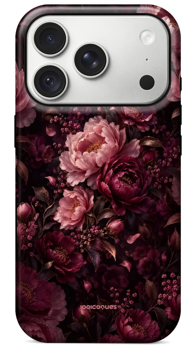 Coque Prestige Velours vue de dos : des pivoines roses et bordeaux sur fond sombre