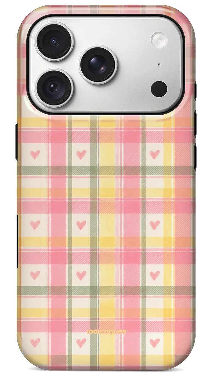 Coque Prestige Candy Plaid vue de dos : un carreau rose et jaune pastel parsemé de petits cœurs