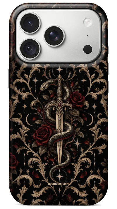 Coque Prestige Venin vue de dos : un serpent enroulé autour d'une dague