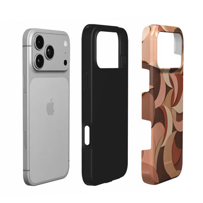 Coque Prestige Canyon en vue éclatée : téléphone, couche intérieure souple et coque extérieure imprimée