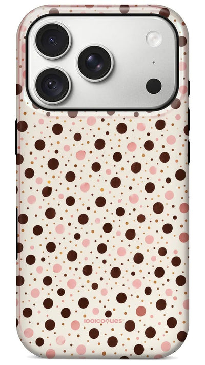 Coque Prestige Confetti vue de dos : des pois chocolat et rose sur fond crème