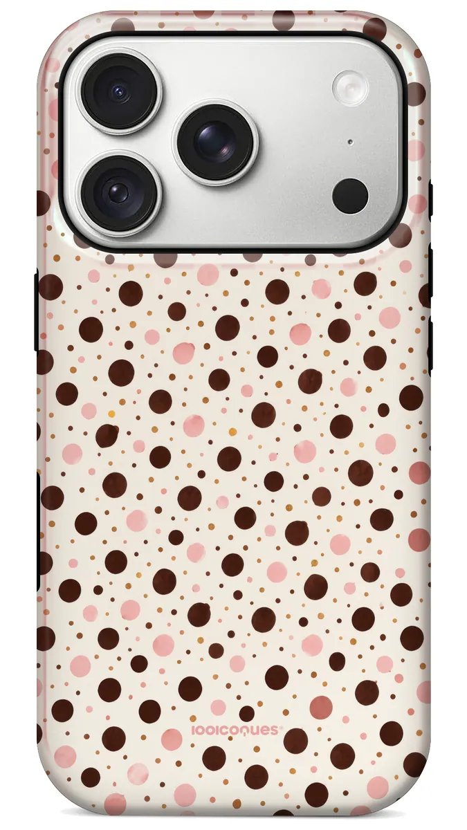 Coque Prestige Confetti vue de dos : des pois chocolat et rose sur fond crème